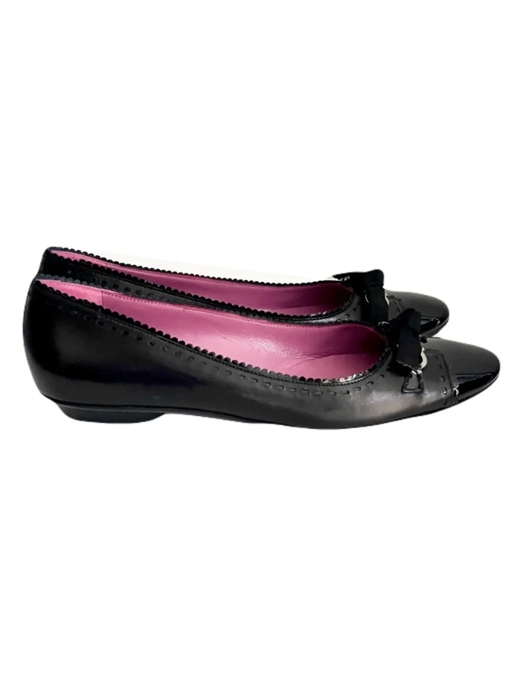 Salvatore Ferragamo Black Leather Cap Toe Gancini Spectator Flats, Size 8.5AA